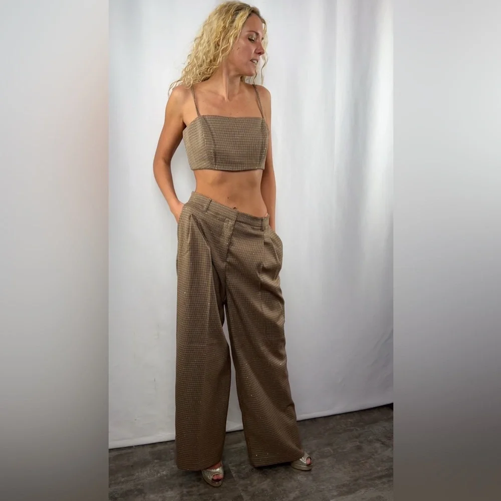 NEW House of Harlow 1960 Cropped‎ Top Wide Leg Pants Set in Brown Size Small